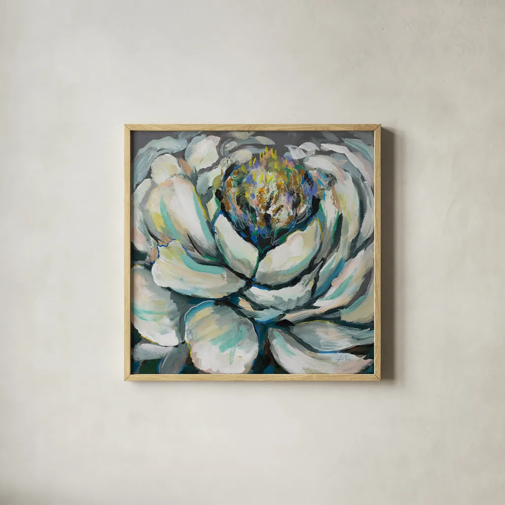 Bloom II by Jeanette Vertentes. Shown in a natural wood glass frame for a timeless modern aesthetic. Available as an archival giclee rolled canvas, fine art paper, or poster print. SKU 54412a.