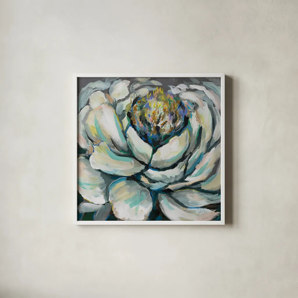 Bloom II by Jeanette Vertentes. Shown in a crisp white glass frame for a clean and minimalist style. Available as an archival giclee rolled canvas, fine art paper, or poster print. SKU 54412a.