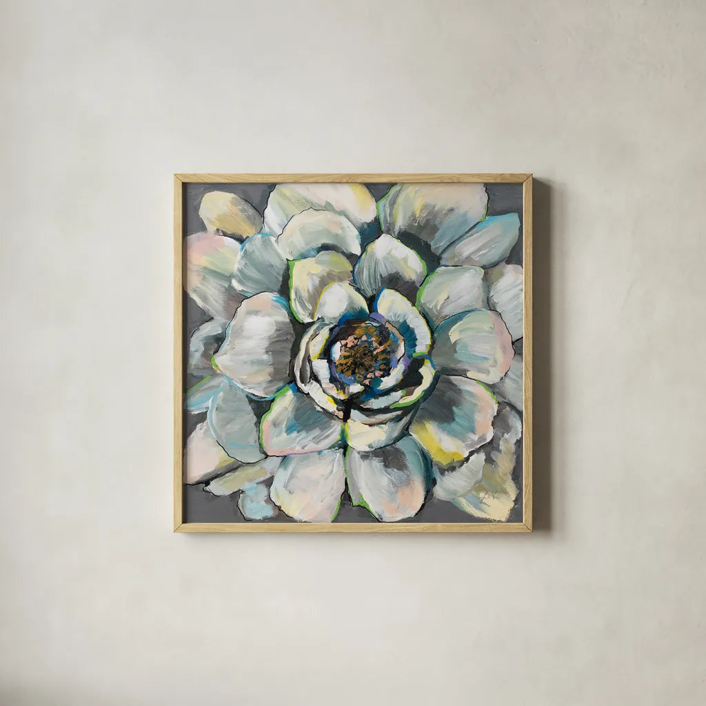 Bloom III by Jeanette Vertentes. Shown in a natural wood glass frame for a timeless modern aesthetic. Available as an archival giclee rolled canvas, fine art paper, or poster print. SKU 54413a.