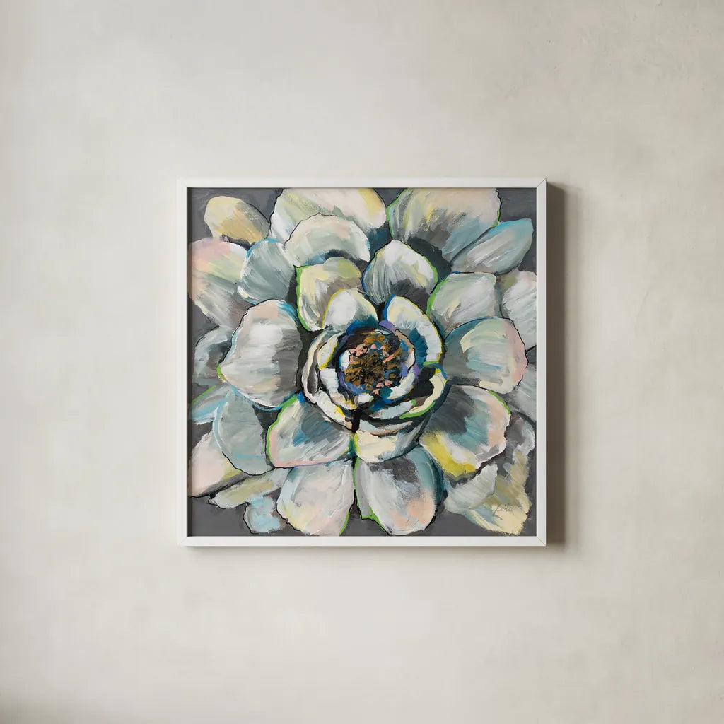 Bloom III by Jeanette Vertentes. Shown in a crisp white glass frame for a clean and minimalist style. Available as an archival giclee rolled canvas, fine art paper, or poster print. SKU 54413a.