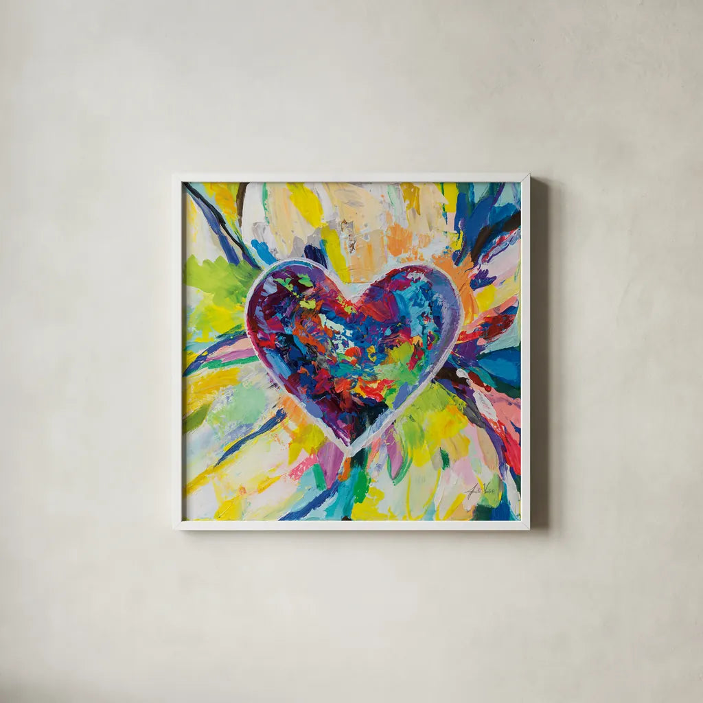 Blooming Love by Jeanette Vertentes. Shown in a crisp white glass frame for a clean and minimalist style. Available as an archival giclee rolled canvas, fine art paper, or poster print. SKU 78268a.