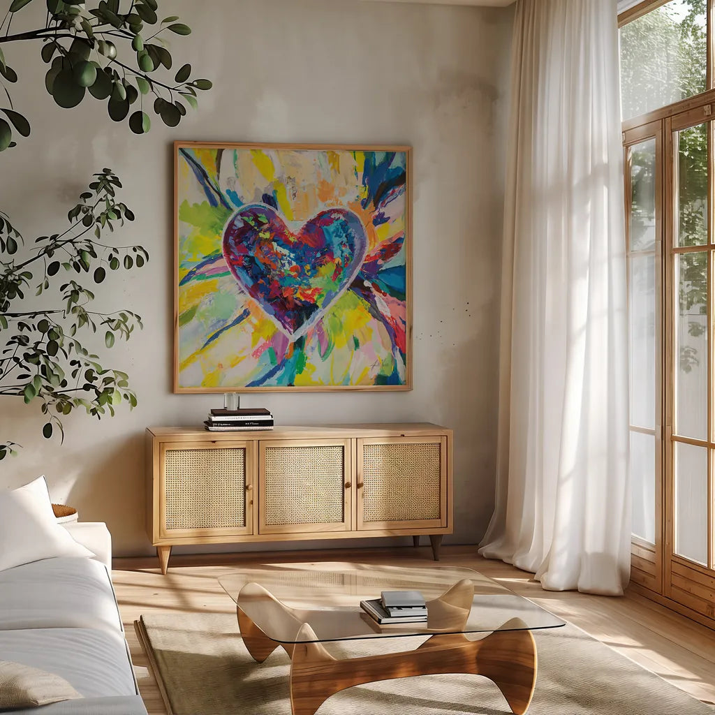 Blooming Love by Jeanette Vertentes. Shown in a natural wood frame in a cozy modern living room. Available as an archival giclee rolled canvas, fine art paper, or poster print. SKU 78268a.