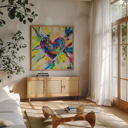 Blooming Love by Jeanette Vertentes. Shown in a natural wood frame in a cozy modern living room. Available as an archival giclee rolled canvas, fine art paper, or poster print. SKU 78268a.