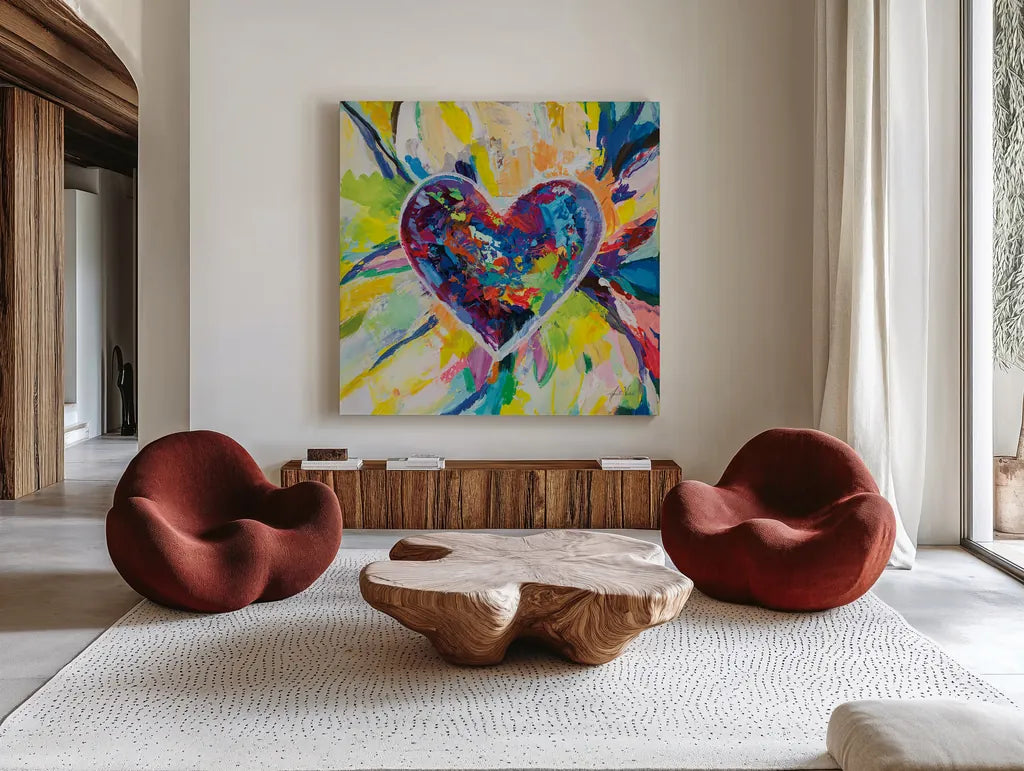 Blooming Love by Jeanette Vertentes. Shown as extra-large giant wall art in a modern living room. Available as an archival giclee rolled canvas, fine art paper, or poster print. SKU 78268a.
