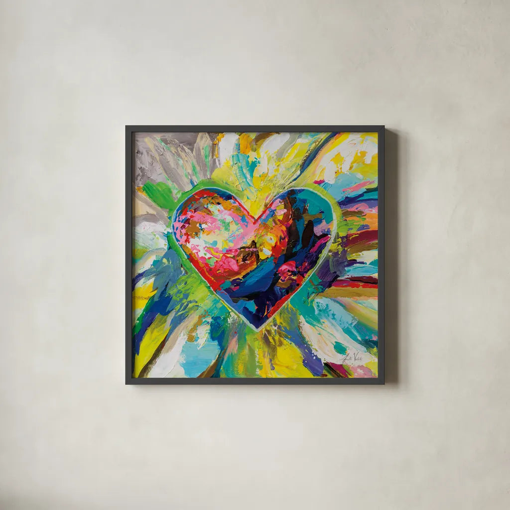 Blooming Love Too by Jeanette Vertentes. Shown in a sleek black glass frame for a contemporary gallery look. Available as an archival giclee rolled canvas, fine art paper, or poster print. SKU 78269a.