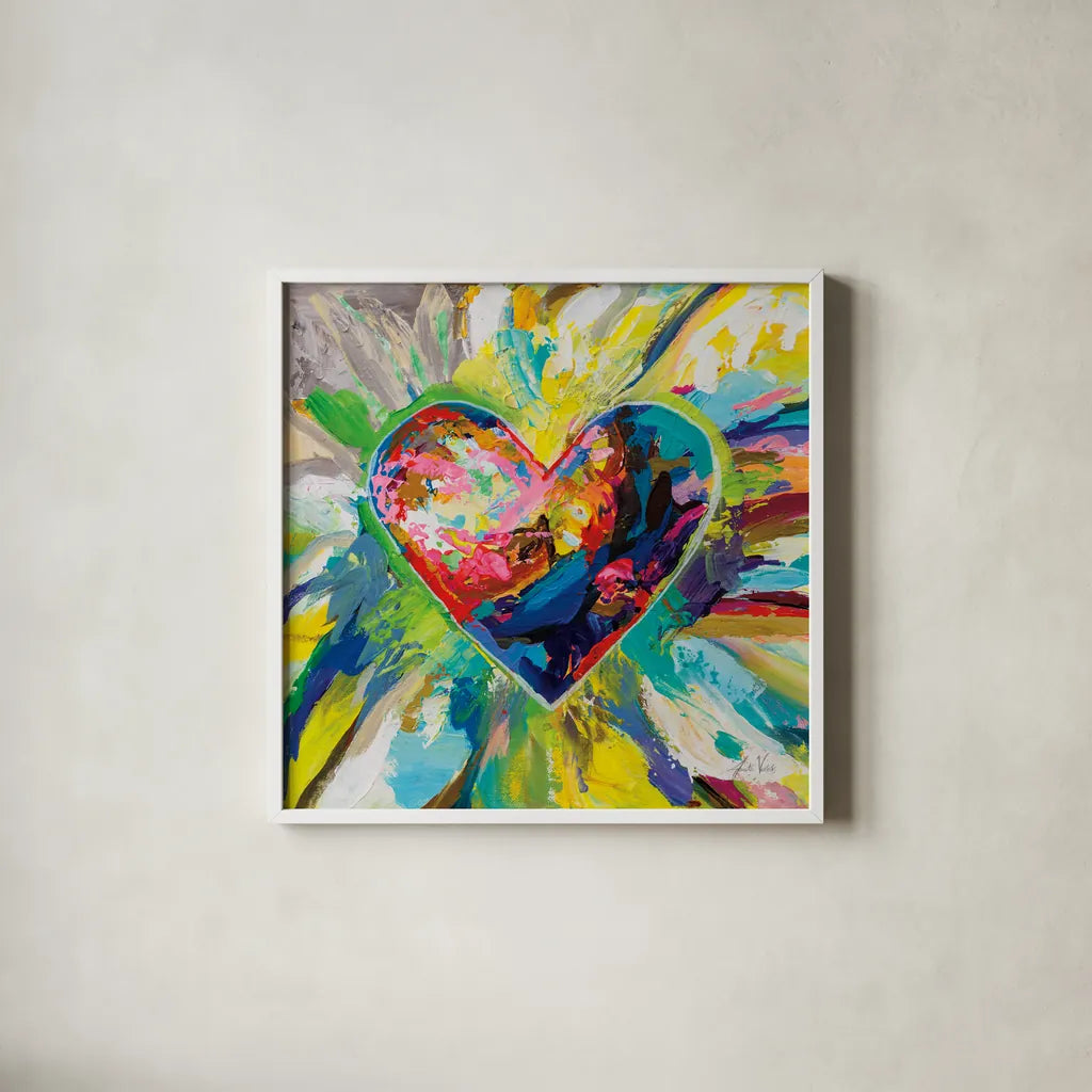 Blooming Love Too by Jeanette Vertentes. Shown in a crisp white glass frame for a clean and minimalist style. Available as an archival giclee rolled canvas, fine art paper, or poster print. SKU 78269a.