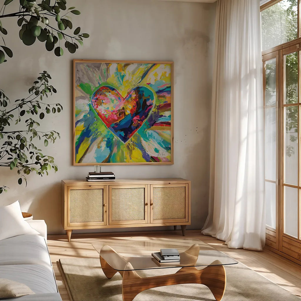 Blooming Love Too by Jeanette Vertentes. Shown in a natural wood frame in a cozy modern living room. Available as an archival giclee rolled canvas, fine art paper, or poster print. SKU 78269a.
