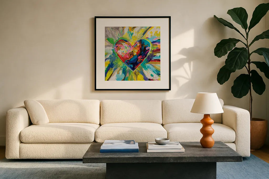 Blooming Love Too by Jeanette Vertentes. Displayed in a glass frame with matte in a clean modern living room. Available as an archival giclee rolled canvas, fine art paper, or poster print. SKU 78269a.
