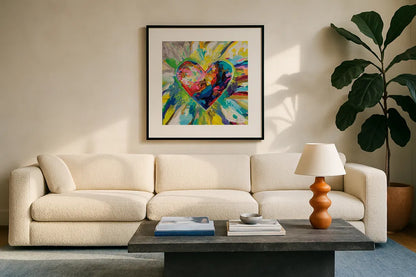 Blooming Love Too by Jeanette Vertentes. Displayed in a glass frame with matte in a clean modern living room. Available as an archival giclee rolled canvas, fine art paper, or poster print. SKU 78269a.