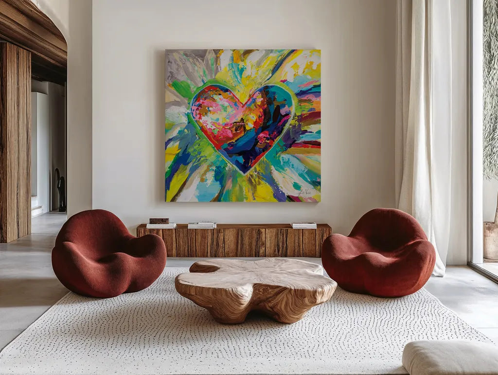 Blooming Love Too by Jeanette Vertentes. Shown as extra-large giant wall art in a modern living room. Available as an archival giclee rolled canvas, fine art paper, or poster print. SKU 78269a.