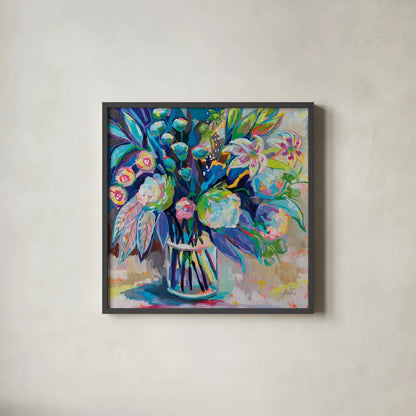 Blossom 24x24 by Jeanette Vertentes. Shown in a sleek black glass frame for a contemporary gallery look. Available as an archival giclee rolled canvas, fine art paper, or poster print. SKU 70559a.