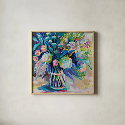 Blossom 24x24 by Jeanette Vertentes. Shown in a natural wood glass frame for a timeless modern aesthetic. Available as an archival giclee rolled canvas, fine art paper, or poster print. SKU 70559a.