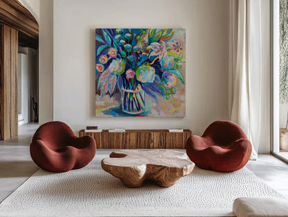 Blossom 24x24 by Jeanette Vertentes. Shown as extra-large giant wall art in a modern living room. Available as an archival giclee rolled canvas, fine art paper, or poster print. SKU 70559a.