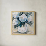 Blue Bliss by Jeanette Vertentes. Shown in a natural wood glass frame for a timeless modern aesthetic. Available as an archival giclee rolled canvas, fine art paper, or poster print. SKU 85015a.
