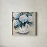 Blue Bliss by Jeanette Vertentes. Shown in a crisp white glass frame for a clean and minimalist style. Available as an archival giclee rolled canvas, fine art paper, or poster print. SKU 85015a.