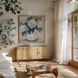 Blue Bliss by Jeanette Vertentes. Shown in a natural wood frame in a cozy modern living room. Available as an archival giclee rolled canvas, fine art paper, or poster print. SKU 85015a.