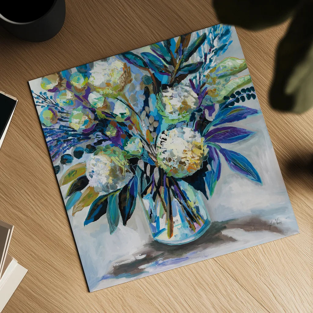 Blue Bloom by Jeanette Vertentes. Shown as a detailed flat fine art print, highlighting archival giclee quality. Available as an archival giclee rolled canvas, fine art paper, or poster print. SKU 87094a.