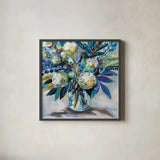 Blue Bloom by Jeanette Vertentes. Shown in a sleek black glass frame for a contemporary gallery look. Available as an archival giclee rolled canvas, fine art paper, or poster print. SKU 87094a.