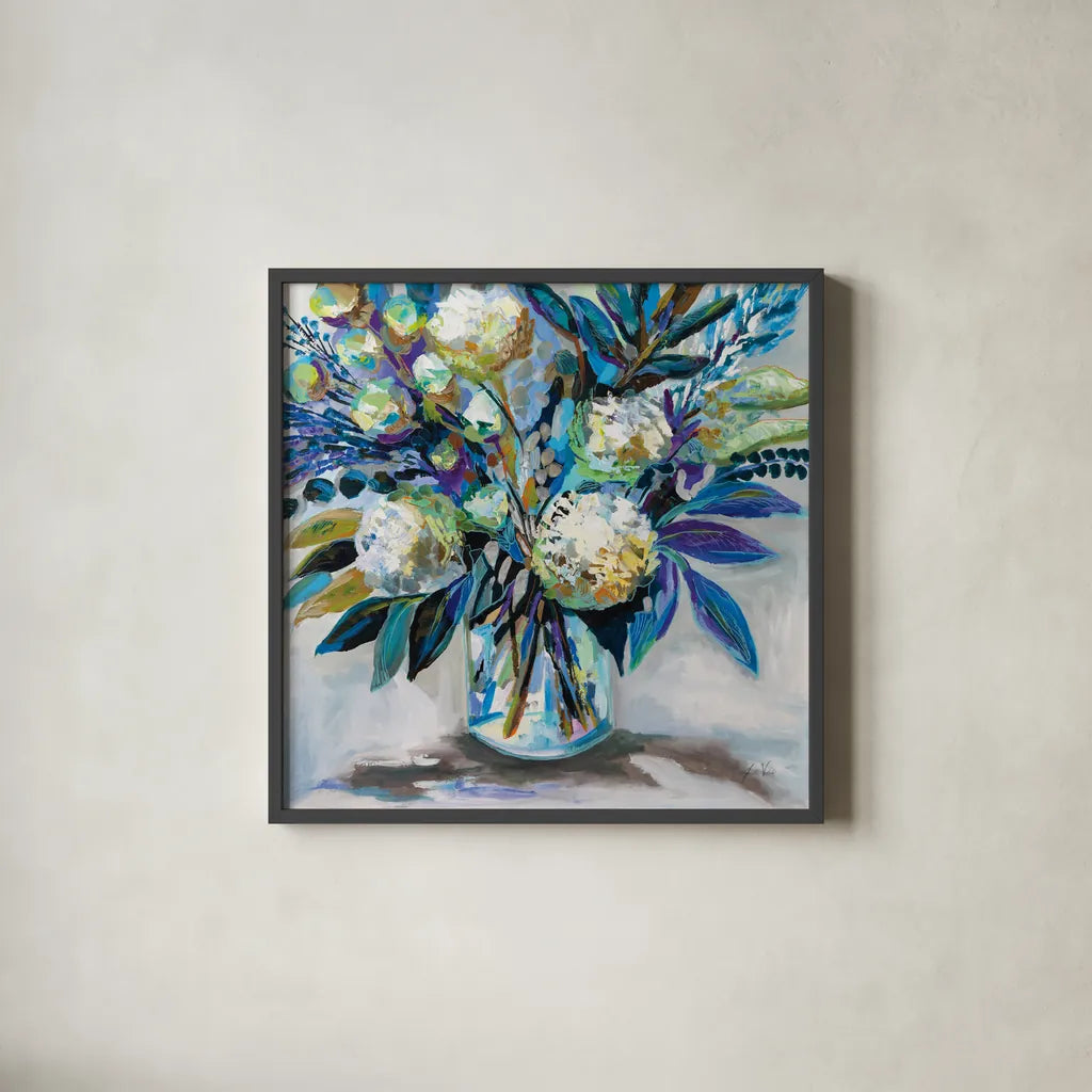 Blue Bloom by Jeanette Vertentes. Shown in a sleek black glass frame for a contemporary gallery look. Available as an archival giclee rolled canvas, fine art paper, or poster print. SKU 87094a.