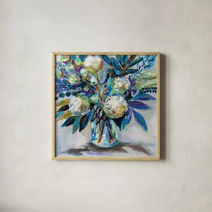 Blue Bloom by Jeanette Vertentes. Shown in a natural wood glass frame for a timeless modern aesthetic. Available as an archival giclee rolled canvas, fine art paper, or poster print. SKU 87094a.
