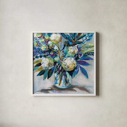 Blue Bloom by Jeanette Vertentes. Shown in a crisp white glass frame for a clean and minimalist style. Available as an archival giclee rolled canvas, fine art paper, or poster print. SKU 87094a.