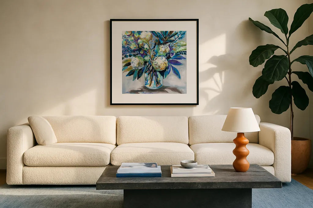 Blue Bloom by Jeanette Vertentes. Displayed in a glass frame with matte in a clean modern living room. Available as an archival giclee rolled canvas, fine art paper, or poster print. SKU 87094a.