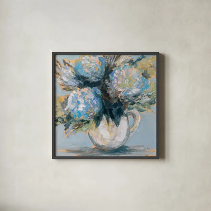 Blue Charm by Jeanette Vertentes. Shown in a sleek black glass frame for a contemporary gallery look. Available as an archival giclee rolled canvas, fine art paper, or poster print. SKU 85013a.