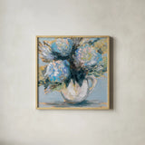 Blue Charm by Jeanette Vertentes. Shown in a natural wood glass frame for a timeless modern aesthetic. Available as an archival giclee rolled canvas, fine art paper, or poster print. SKU 85013a.