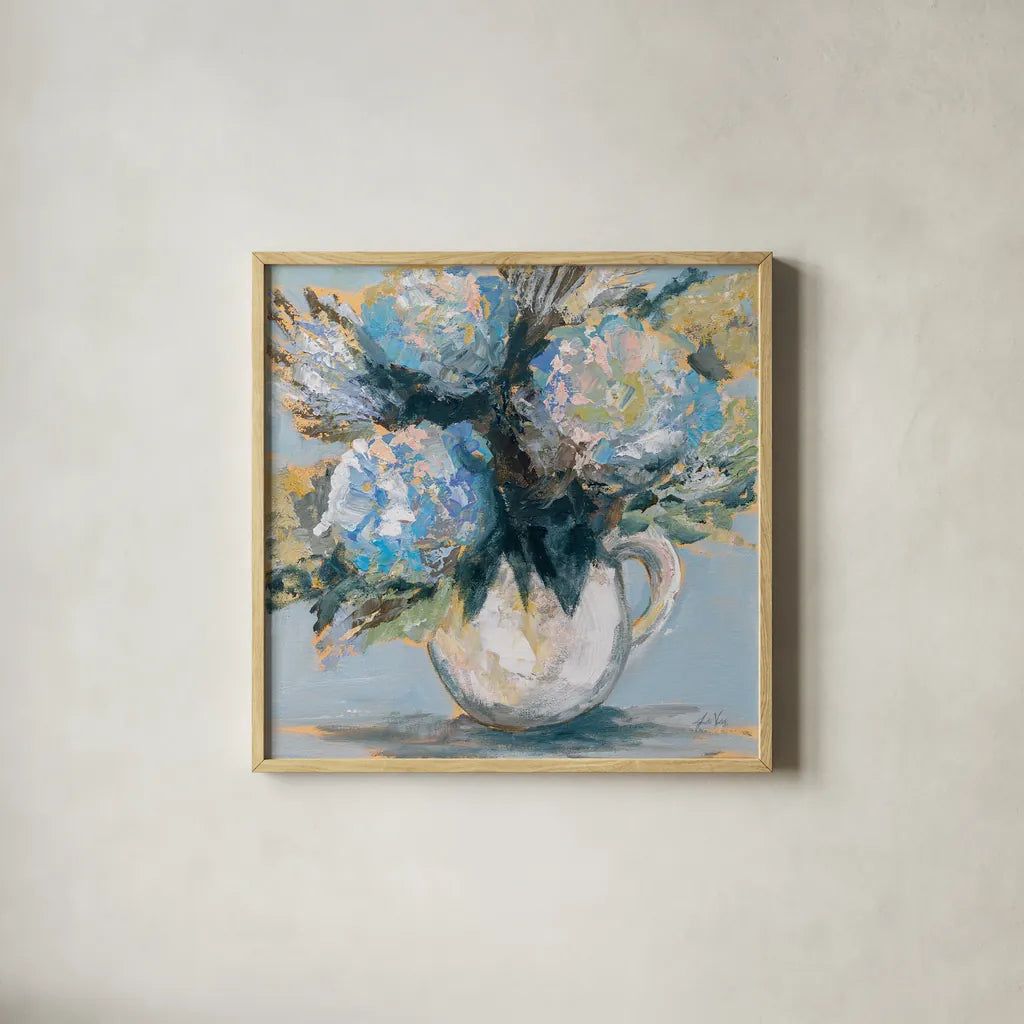 Blue Charm by Jeanette Vertentes. Shown in a natural wood glass frame for a timeless modern aesthetic. Available as an archival giclee rolled canvas, fine art paper, or poster print. SKU 85013a.