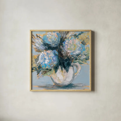 Blue Charm by Jeanette Vertentes. Shown in a natural wood glass frame for a timeless modern aesthetic. Available as an archival giclee rolled canvas, fine art paper, or poster print. SKU 85013a.