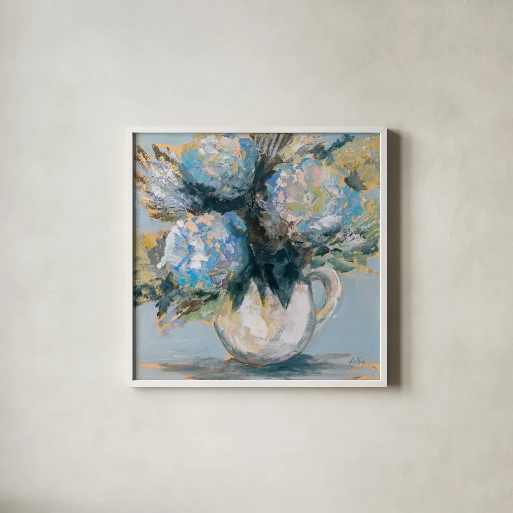 Blue Charm by Jeanette Vertentes. Shown in a crisp white glass frame for a clean and minimalist style. Available as an archival giclee rolled canvas, fine art paper, or poster print. SKU 85013a.