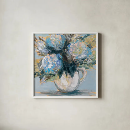 Blue Charm by Jeanette Vertentes. Shown in a crisp white glass frame for a clean and minimalist style. Available as an archival giclee rolled canvas, fine art paper, or poster print. SKU 85013a.