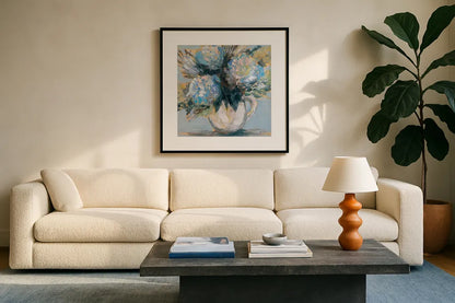 Blue Charm by Jeanette Vertentes. Displayed in a glass frame with matte in a clean modern living room. Available as an archival giclee rolled canvas, fine art paper, or poster print. SKU 85013a.