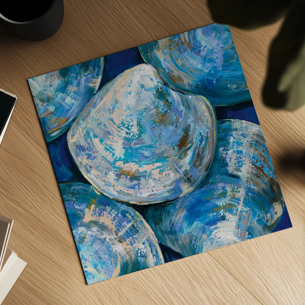 Blue Cherry Stones by Jeanette Vertentes. Shown as a detailed flat fine art print, highlighting archival giclee quality. Available as an archival giclee rolled canvas, fine art paper, or poster print. SKU 74813a.