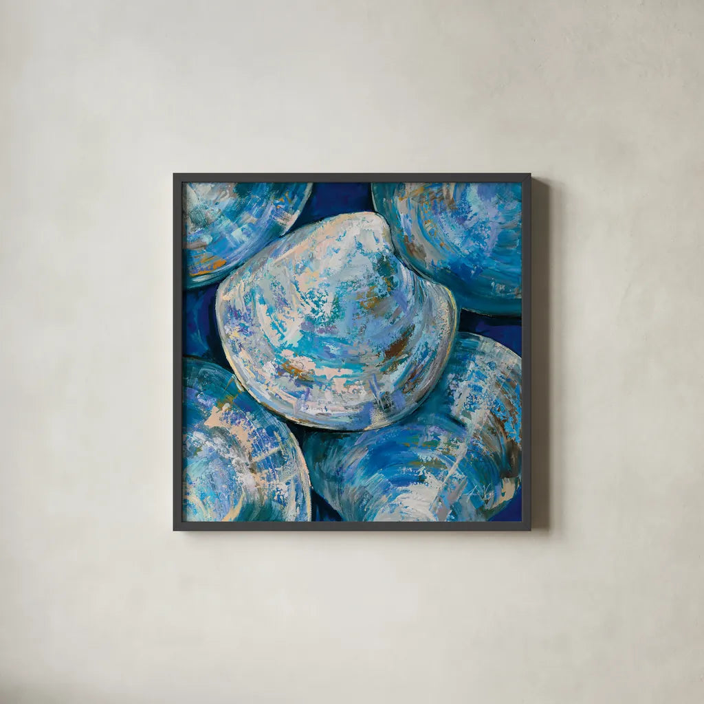 Blue Cherry Stones by Jeanette Vertentes. Shown in a sleek black glass frame for a contemporary gallery look. Available as an archival giclee rolled canvas, fine art paper, or poster print. SKU 74813a.