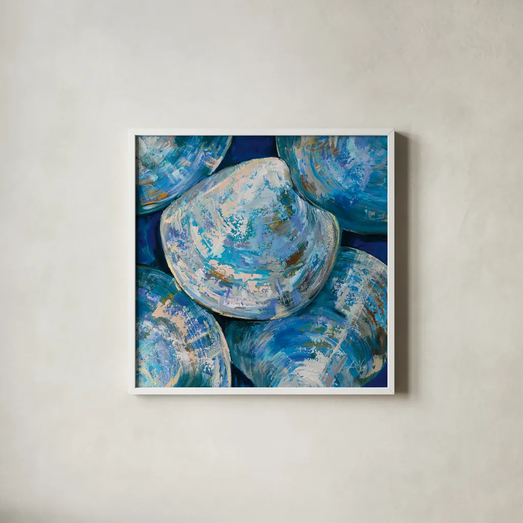 Blue Cherry Stones by Jeanette Vertentes. Shown in a crisp white glass frame for a clean and minimalist style. Available as an archival giclee rolled canvas, fine art paper, or poster print. SKU 74813a.