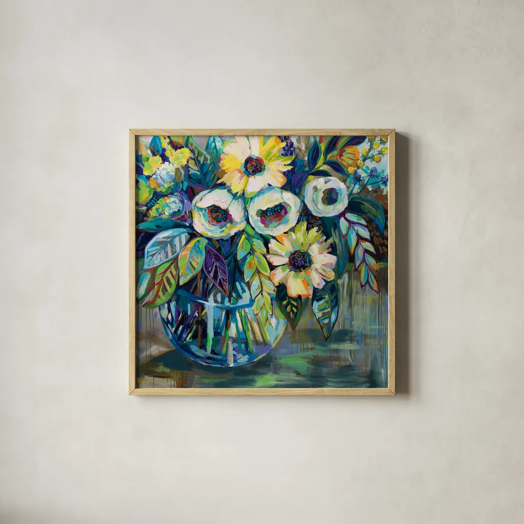 Blue Light by Jeanette Vertentes. Shown in a natural wood glass frame for a timeless modern aesthetic. Available as an archival giclee rolled canvas, fine art paper, or poster print. SKU 53920a.