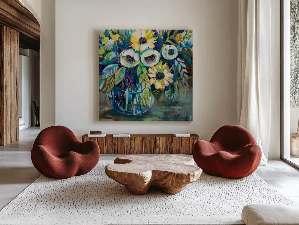 Blue Light by Jeanette Vertentes. Shown as extra-large giant wall art in a modern living room. Available as an archival giclee rolled canvas, fine art paper, or poster print. SKU 53920a.