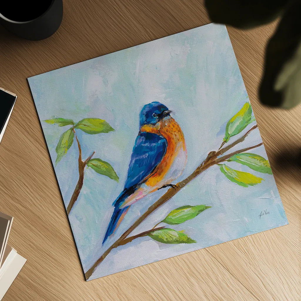 Bluebird by Jeanette Vertentes. Shown as a detailed flat fine art print, highlighting archival giclee quality. Available as an archival giclee rolled canvas, fine art paper, or poster print. SKU 63460a.