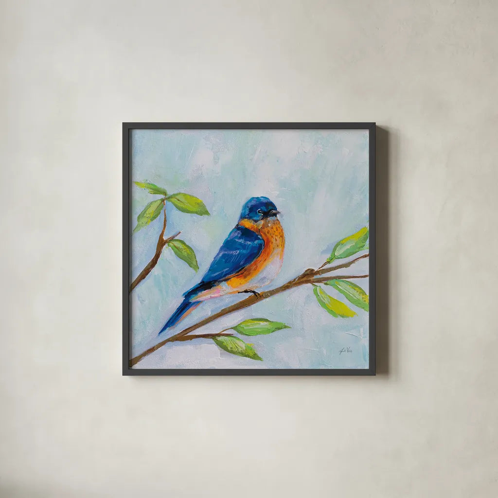 Bluebird by Jeanette Vertentes. Shown in a sleek black glass frame for a contemporary gallery look. Available as an archival giclee rolled canvas, fine art paper, or poster print. SKU 63460a.