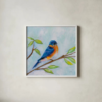 Bluebird by Jeanette Vertentes. Shown in a crisp white glass frame for a clean and minimalist style. Available as an archival giclee rolled canvas, fine art paper, or poster print. SKU 63460a.