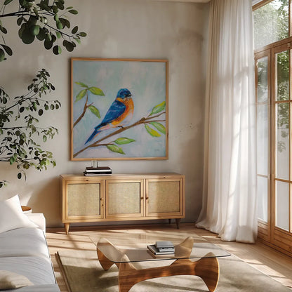 Bluebird by Jeanette Vertentes. Shown in a natural wood frame in a cozy modern living room. Available as an archival giclee rolled canvas, fine art paper, or poster print. SKU 63460a.