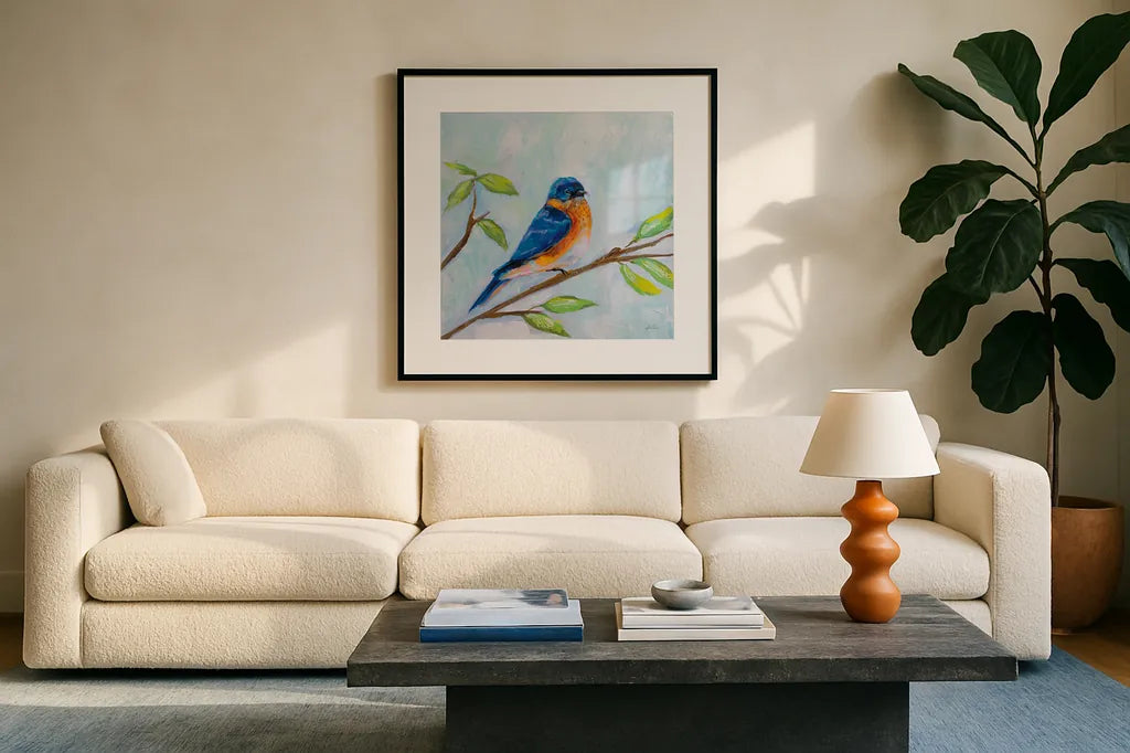 Bluebird by Jeanette Vertentes. Displayed in a glass frame with matte in a clean modern living room. Available as an archival giclee rolled canvas, fine art paper, or poster print. SKU 63460a.