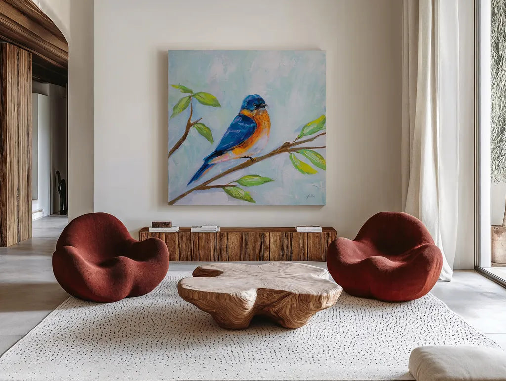 Bluebird by Jeanette Vertentes. Shown as extra-large giant wall art in a modern living room. Available as an archival giclee rolled canvas, fine art paper, or poster print. SKU 63460a.