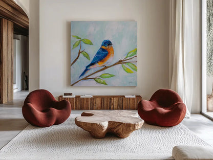 Bluebird by Jeanette Vertentes. Shown as extra-large giant wall art in a modern living room. Available as an archival giclee rolled canvas, fine art paper, or poster print. SKU 63460a.