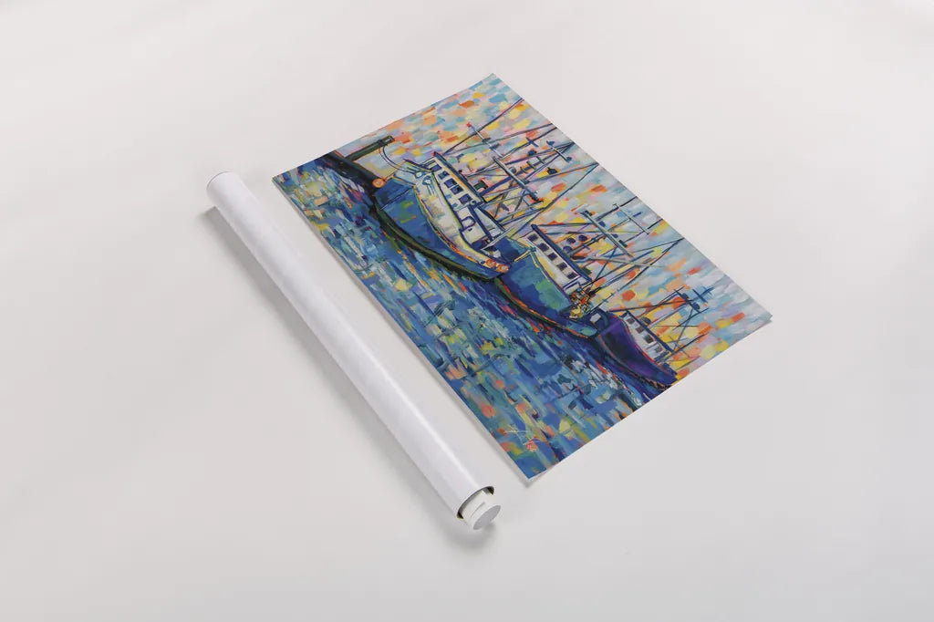 Boats in Harbor by Jeanette Vertentes. shown as a rolled paper print. Available as archival giclee rolled canvas, fine art paper, or poster print. SKU 80792i.