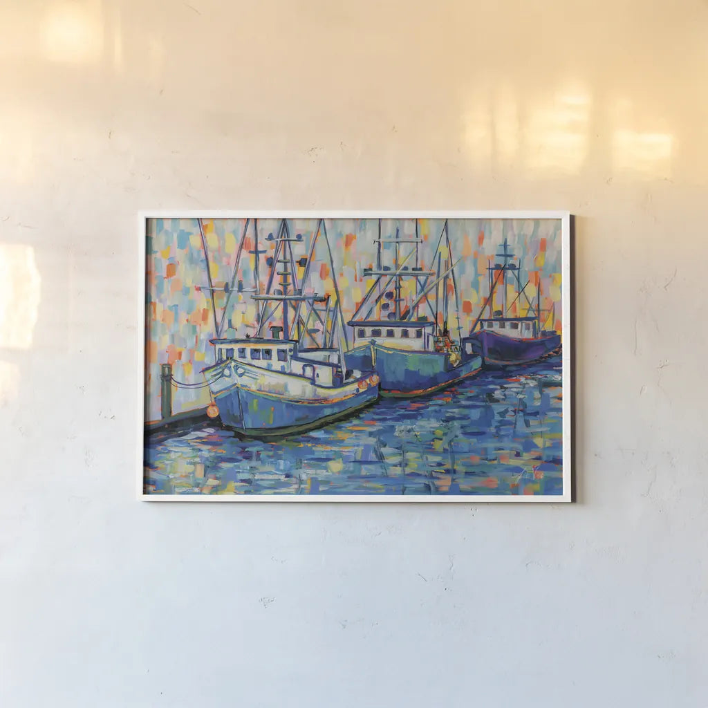 Boats in Harbor by Jeanette Vertentes. shown as a paper print in a white frame. Available as a archival giclee rolled canvas, fine art paper, or poster print. SKU 80792i.