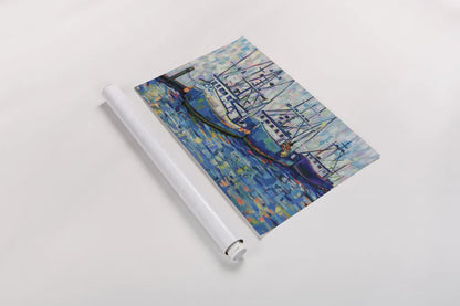 Boats in Harbor v2 by Jeanette Vertentes. shown as a rolled paper print. Available as archival giclee rolled canvas, fine art paper, or poster print. SKU 89194i.