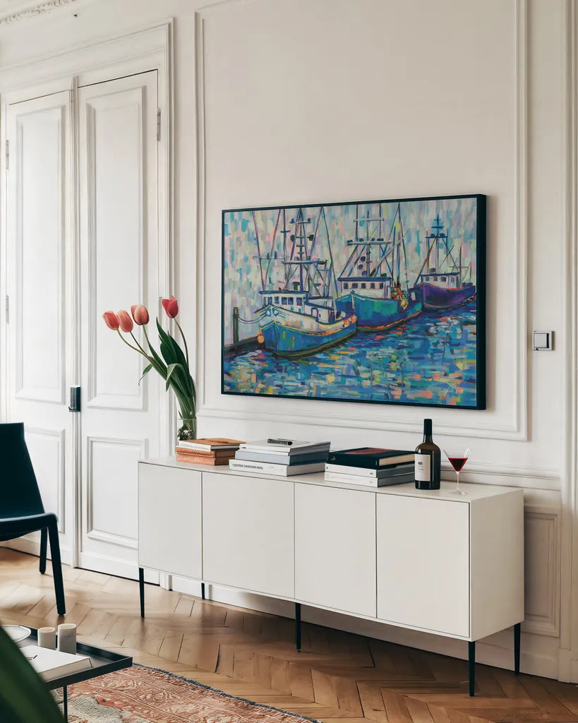 Boats in Harbor v2 by Jeanette Vertentes. shown as a framed stretched canvas in a living room above a console. Available as a archival giclee rolled canvas, fine art paper, or poster print. SKU 89194i.