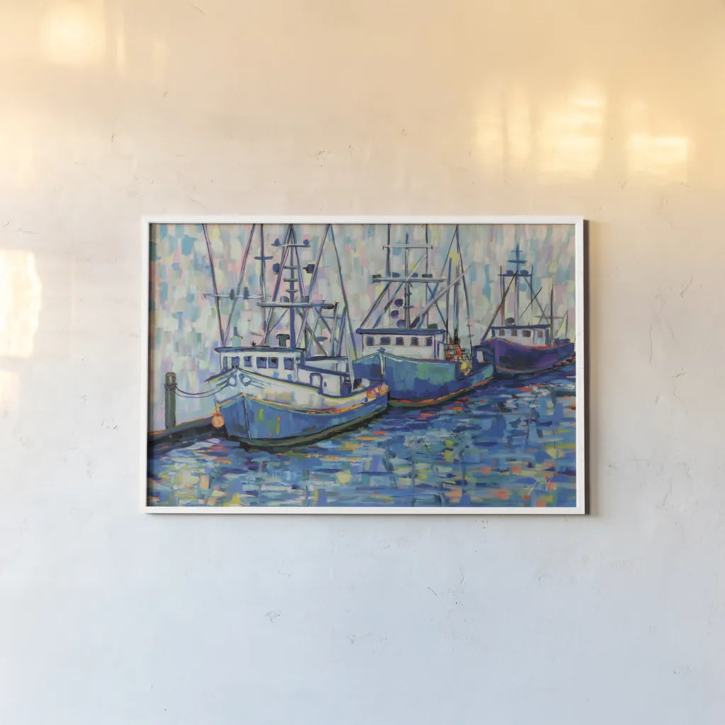 Boats in Harbor v2 by Jeanette Vertentes. shown as a paper print in a white frame. Available as a archival giclee rolled canvas, fine art paper, or poster print. SKU 89194i.